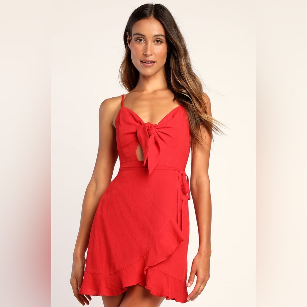 Total Sun-Sation Red Ruffled Tie-Front Faux-Wrap Mini Dress - size Small - NWT